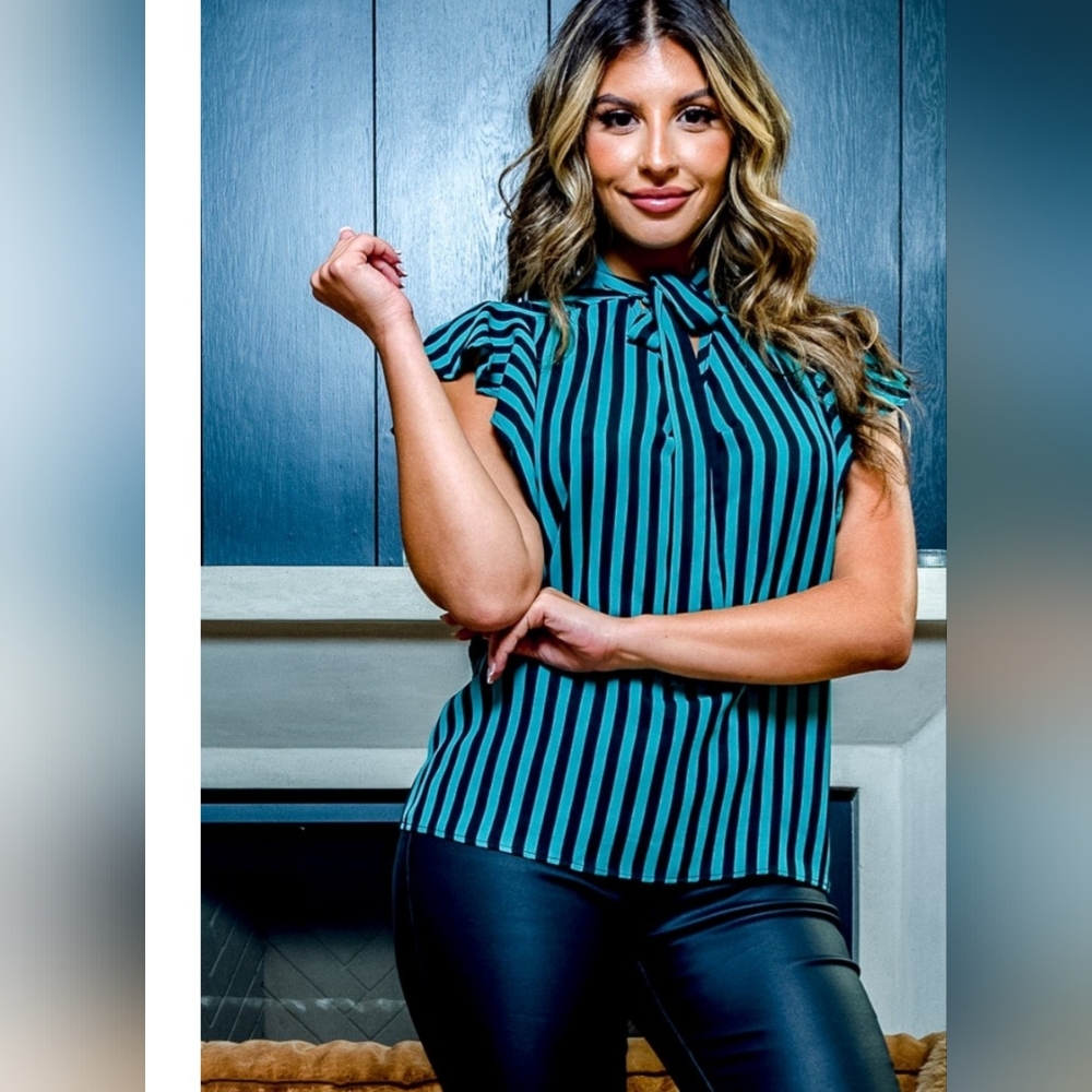 Women's STRIPED BOW TIE-NECK BLOUSE